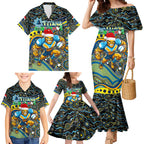 Merry Christmas Gold Coast Titans Family Matching Mermaid Dress and Hawaiian Shirt Aboriginal Santa Rugby Mascot - Light Blue