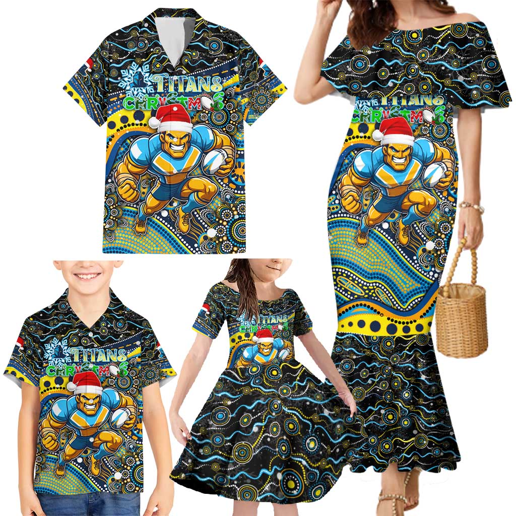 Merry Christmas Gold Coast Titans Family Matching Mermaid Dress and Hawaiian Shirt Aboriginal Santa Rugby Mascot - Light Blue