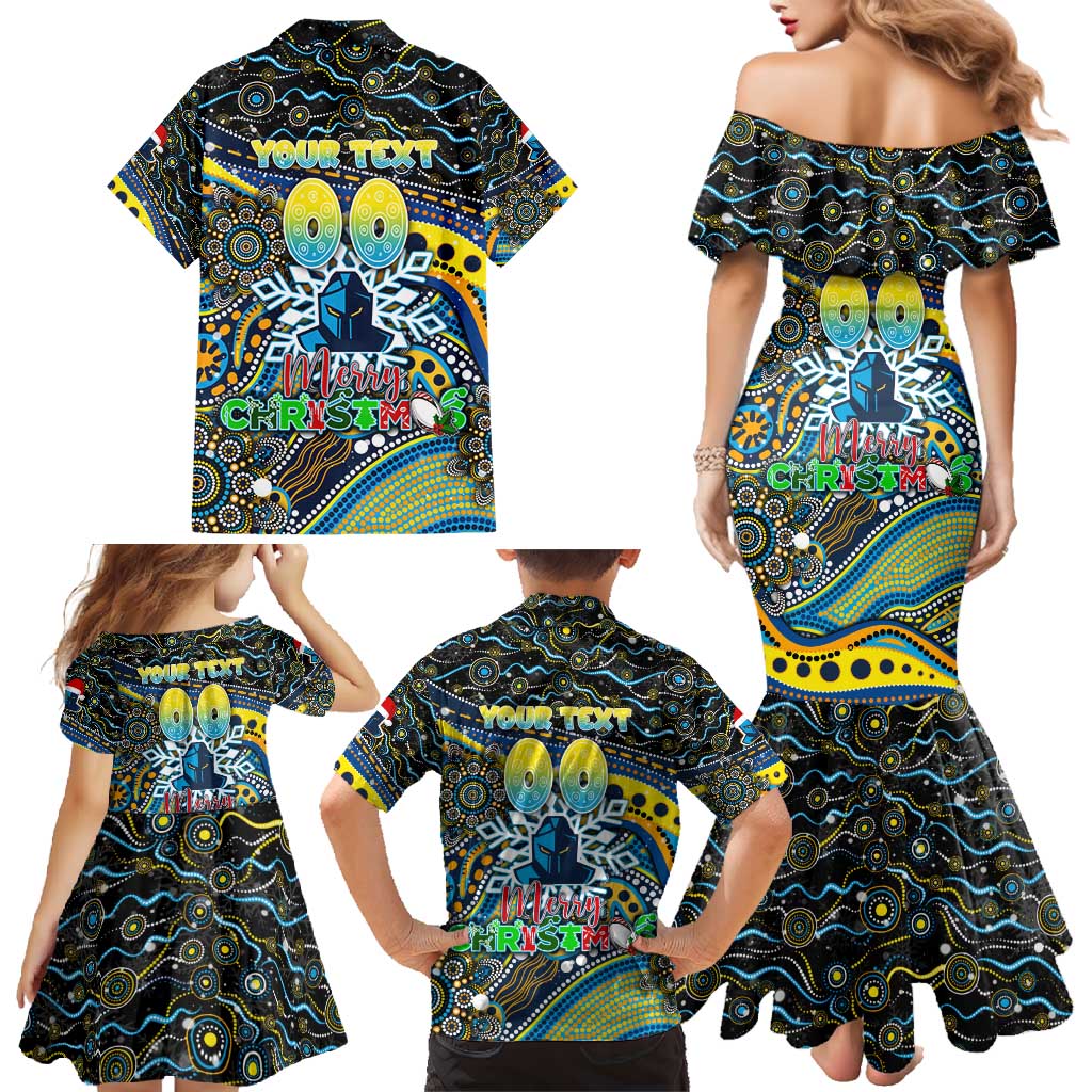 Merry Christmas Gold Coast Titans Family Matching Mermaid Dress and Hawaiian Shirt Aboriginal Santa Rugby Mascot - Light Blue