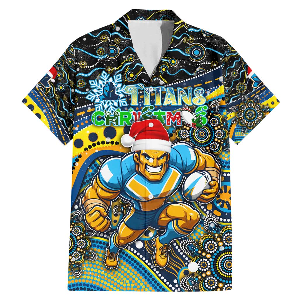 Merry Christmas Gold Coast Titans Family Matching Mermaid Dress and Hawaiian Shirt Aboriginal Santa Rugby Mascot - Light Blue
