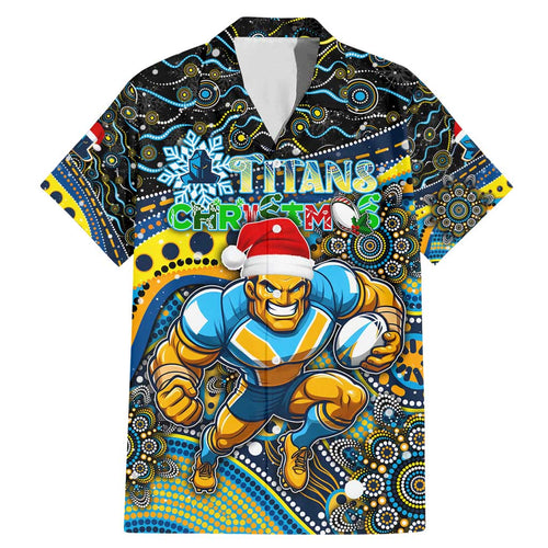 Merry Christmas Gold Coast Titans Family Matching Mermaid Dress and Hawaiian Shirt Aboriginal Santa Rugby Mascot - Light Blue