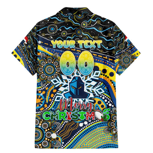 Merry Christmas Gold Coast Titans Family Matching Mermaid Dress and Hawaiian Shirt Aboriginal Santa Rugby Mascot - Light Blue