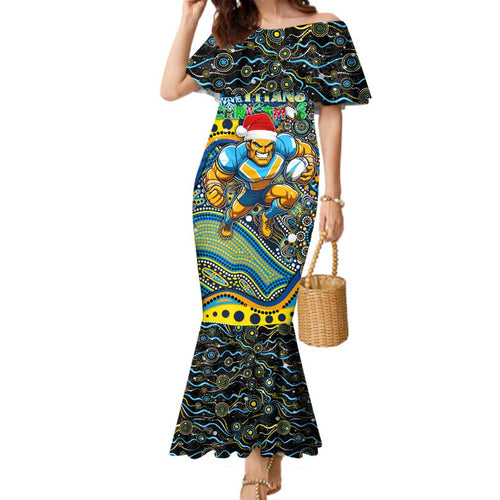 Merry Christmas Gold Coast Titans Family Matching Mermaid Dress and Hawaiian Shirt Aboriginal Santa Rugby Mascot - Light Blue