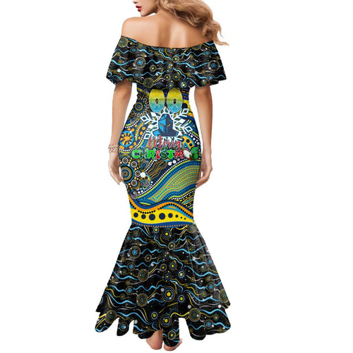 Merry Christmas Gold Coast Titans Family Matching Mermaid Dress and Hawaiian Shirt Aboriginal Santa Rugby Mascot - Light Blue