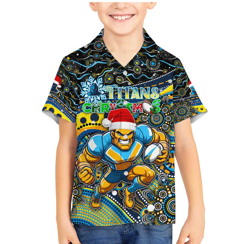 Merry Christmas Gold Coast Titans Family Matching Mermaid Dress and Hawaiian Shirt Aboriginal Santa Rugby Mascot - Light Blue