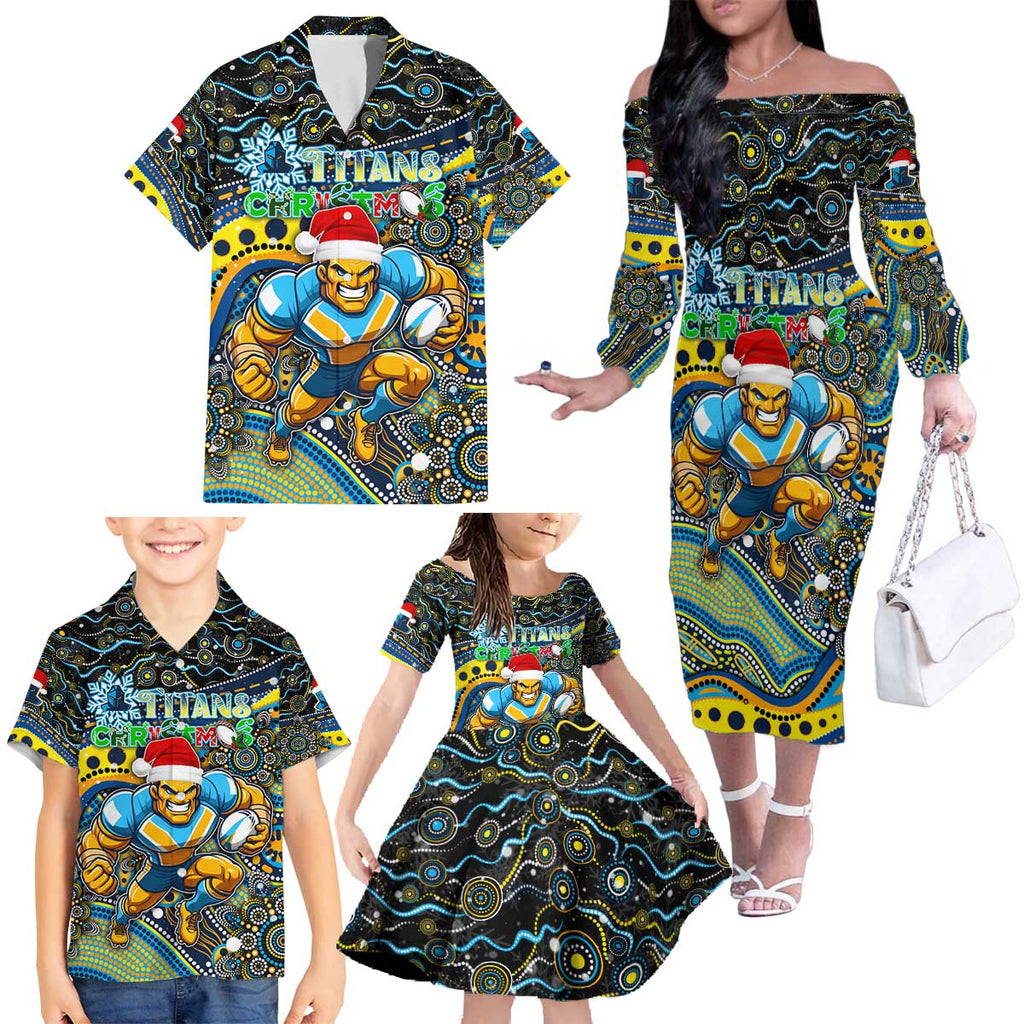 Merry Christmas Gold Coast Titans Family Matching Off The Shoulder Long Sleeve Dress and Hawaiian Shirt Aboriginal Santa Rugby Mascot - Light Blue