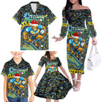 Merry Christmas Gold Coast Titans Family Matching Off The Shoulder Long Sleeve Dress and Hawaiian Shirt Aboriginal Santa Rugby Mascot - Light Blue