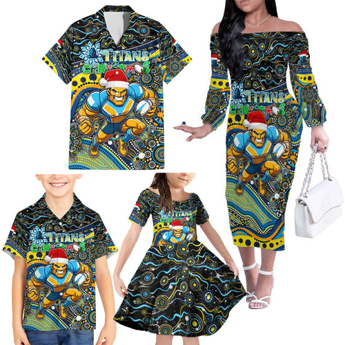Merry Christmas Gold Coast Titans Family Matching Off The Shoulder Long Sleeve Dress and Hawaiian Shirt Aboriginal Santa Rugby Mascot - Light Blue