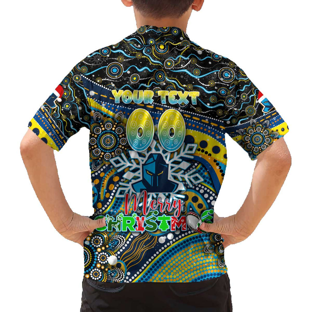 Merry Christmas Gold Coast Titans Family Matching Off The Shoulder Long Sleeve Dress and Hawaiian Shirt Aboriginal Santa Rugby Mascot - Light Blue