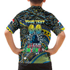 Merry Christmas Gold Coast Titans Family Matching Off The Shoulder Long Sleeve Dress and Hawaiian Shirt Aboriginal Santa Rugby Mascot - Light Blue