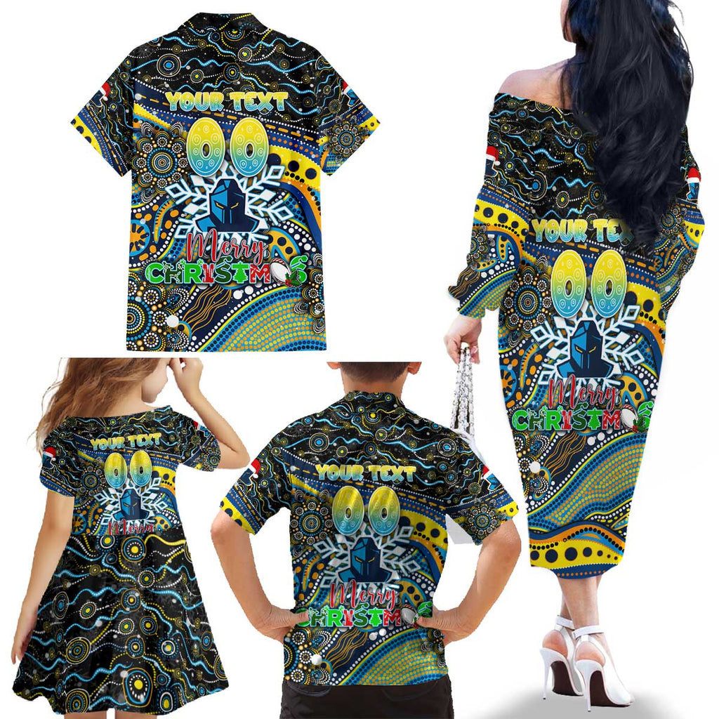 Merry Christmas Gold Coast Titans Family Matching Off The Shoulder Long Sleeve Dress and Hawaiian Shirt Aboriginal Santa Rugby Mascot - Light Blue