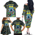 Merry Christmas Gold Coast Titans Family Matching Off The Shoulder Long Sleeve Dress and Hawaiian Shirt Aboriginal Santa Rugby Mascot - Light Blue
