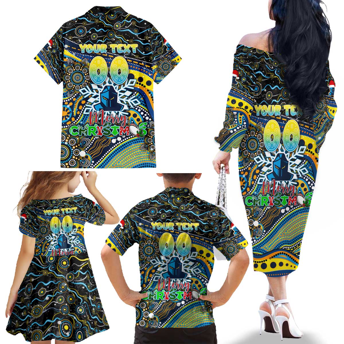 Merry Christmas Gold Coast Titans Family Matching Off The Shoulder Long Sleeve Dress and Hawaiian Shirt Aboriginal Santa Rugby Mascot - Light Blue