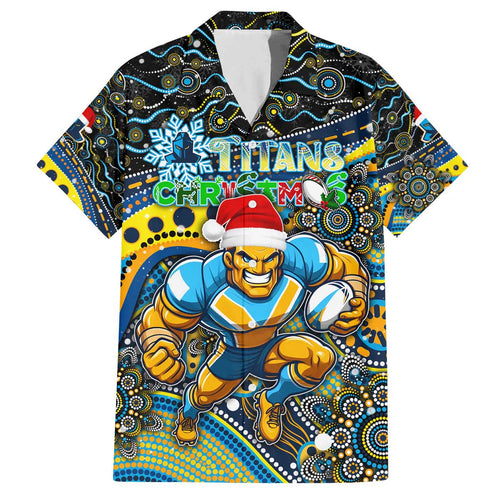 Merry Christmas Gold Coast Titans Family Matching Off The Shoulder Long Sleeve Dress and Hawaiian Shirt Aboriginal Santa Rugby Mascot - Light Blue