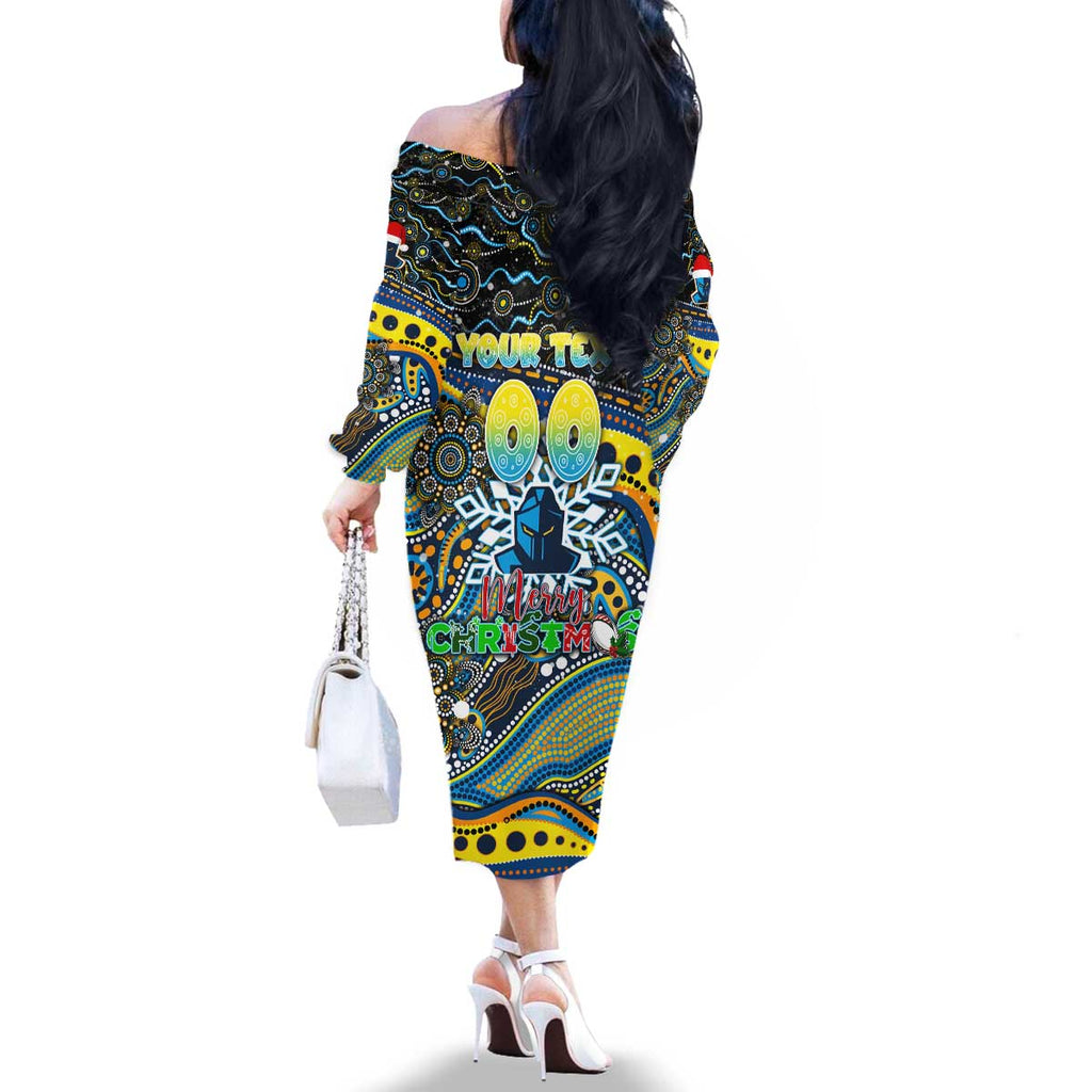 Merry Christmas Gold Coast Titans Family Matching Off The Shoulder Long Sleeve Dress and Hawaiian Shirt Aboriginal Santa Rugby Mascot - Light Blue