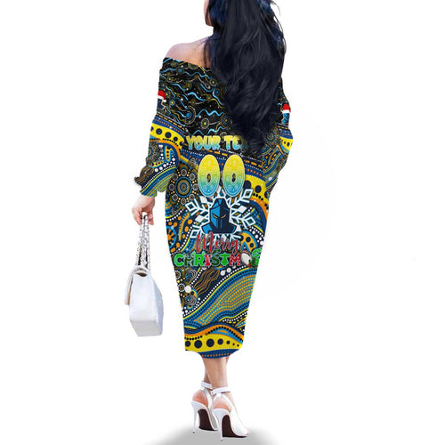 Merry Christmas Gold Coast Titans Family Matching Off The Shoulder Long Sleeve Dress and Hawaiian Shirt Aboriginal Santa Rugby Mascot - Light Blue