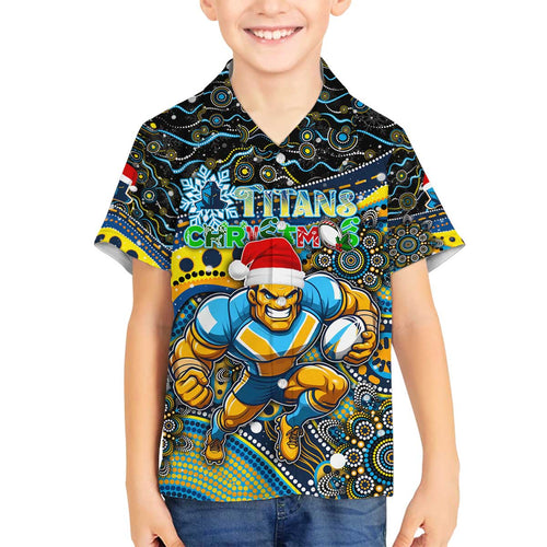 Merry Christmas Gold Coast Titans Family Matching Off The Shoulder Long Sleeve Dress and Hawaiian Shirt Aboriginal Santa Rugby Mascot - Light Blue
