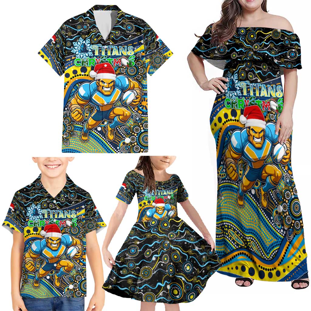 Merry Christmas Gold Coast Titans Family Matching Off Shoulder Maxi Dress and Hawaiian Shirt Aboriginal Santa Rugby Mascot - Light Blue