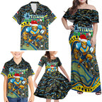 Merry Christmas Gold Coast Titans Family Matching Off Shoulder Maxi Dress and Hawaiian Shirt Aboriginal Santa Rugby Mascot - Light Blue