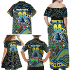 Merry Christmas Gold Coast Titans Family Matching Off Shoulder Maxi Dress and Hawaiian Shirt Aboriginal Santa Rugby Mascot - Light Blue