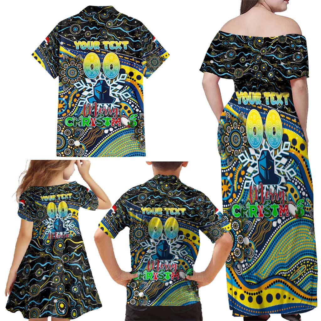 Merry Christmas Gold Coast Titans Family Matching Off Shoulder Maxi Dress and Hawaiian Shirt Aboriginal Santa Rugby Mascot - Light Blue
