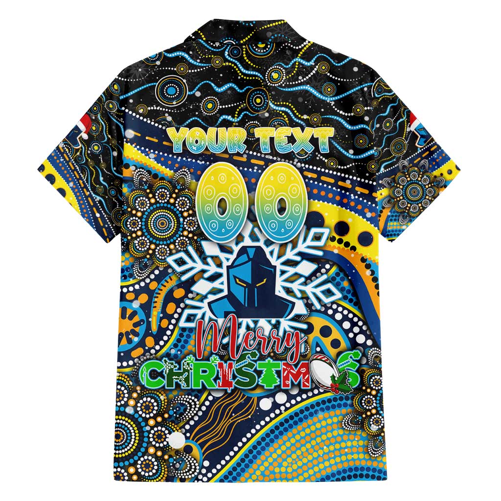 Merry Christmas Gold Coast Titans Family Matching Off Shoulder Maxi Dress and Hawaiian Shirt Aboriginal Santa Rugby Mascot - Light Blue