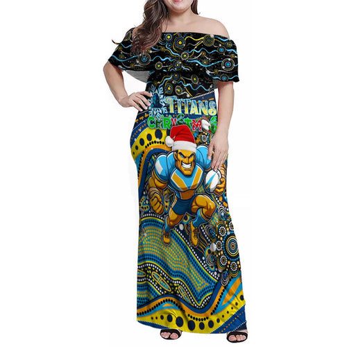 Merry Christmas Gold Coast Titans Family Matching Off Shoulder Maxi Dress and Hawaiian Shirt Aboriginal Santa Rugby Mascot - Light Blue