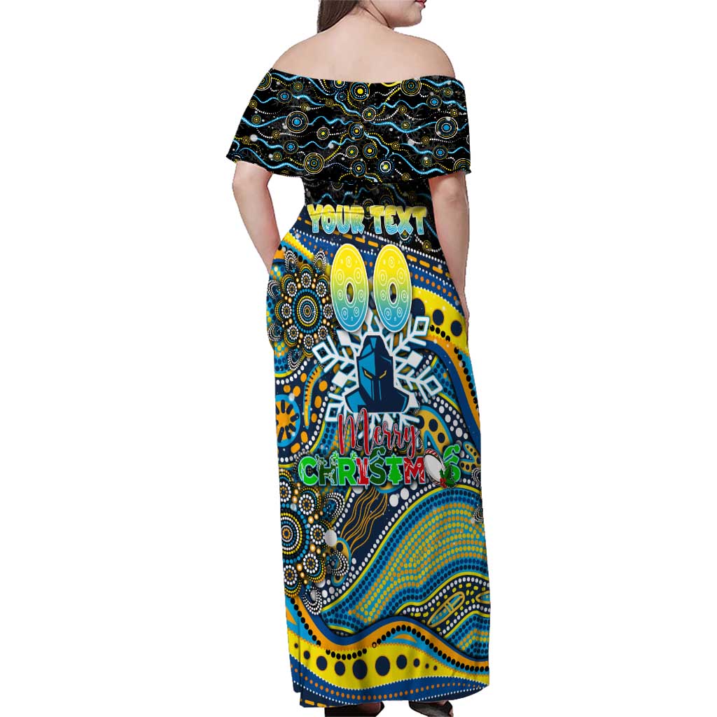 Merry Christmas Gold Coast Titans Family Matching Off Shoulder Maxi Dress and Hawaiian Shirt Aboriginal Santa Rugby Mascot - Light Blue