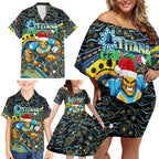 Merry Christmas Gold Coast Titans Family Matching Off Shoulder Short Dress and Hawaiian Shirt Aboriginal Santa Rugby Mascot - Light Blue
