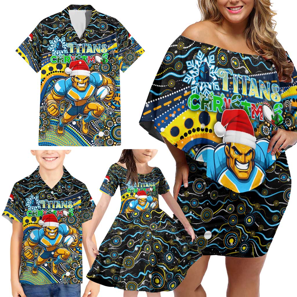 Merry Christmas Gold Coast Titans Family Matching Off Shoulder Short Dress and Hawaiian Shirt Aboriginal Santa Rugby Mascot - Light Blue