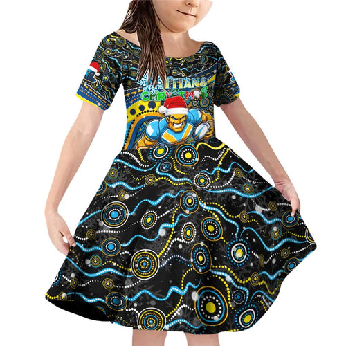Merry Christmas Gold Coast Titans Family Matching Off Shoulder Short Dress and Hawaiian Shirt Aboriginal Santa Rugby Mascot - Light Blue