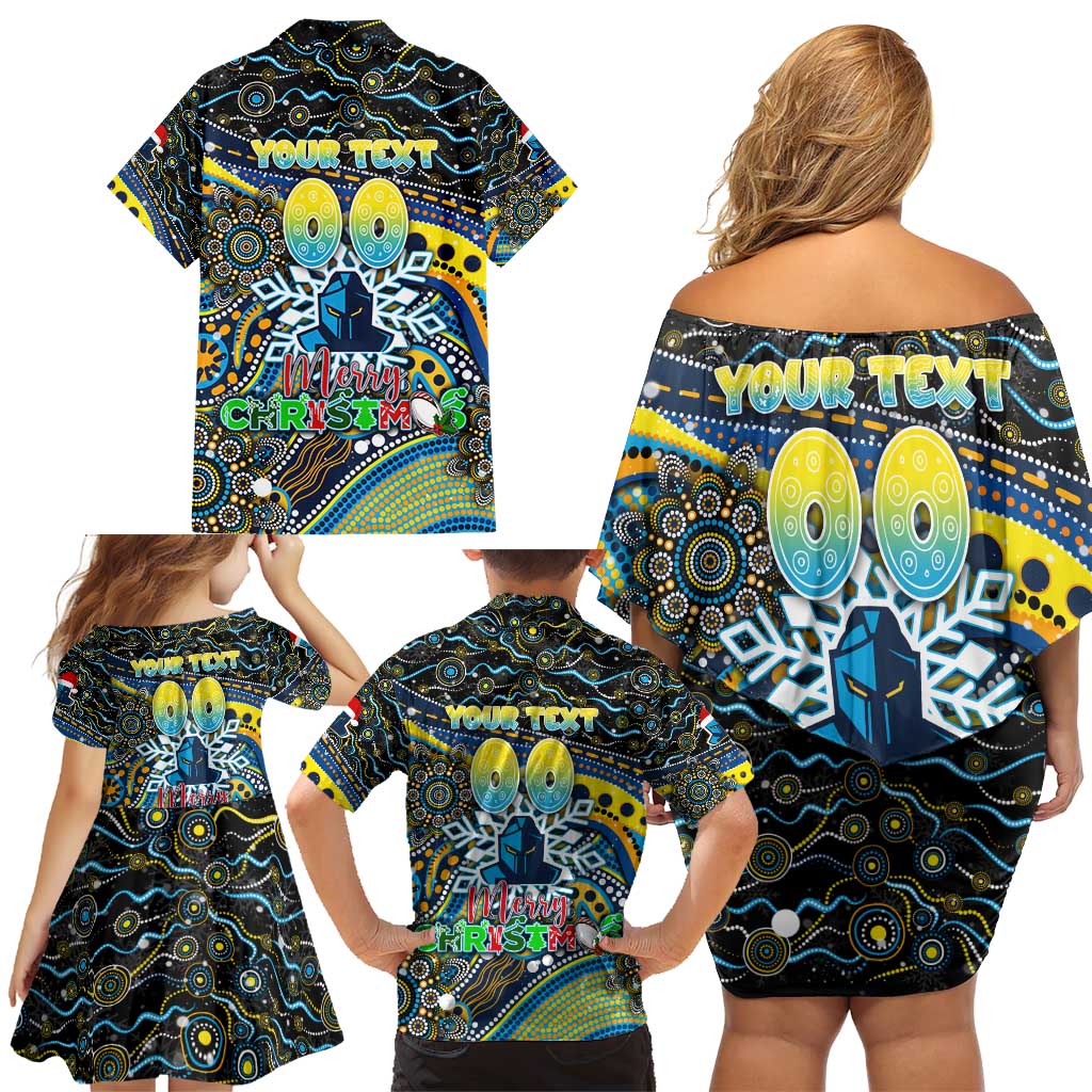 Merry Christmas Gold Coast Titans Family Matching Off Shoulder Short Dress and Hawaiian Shirt Aboriginal Santa Rugby Mascot - Light Blue