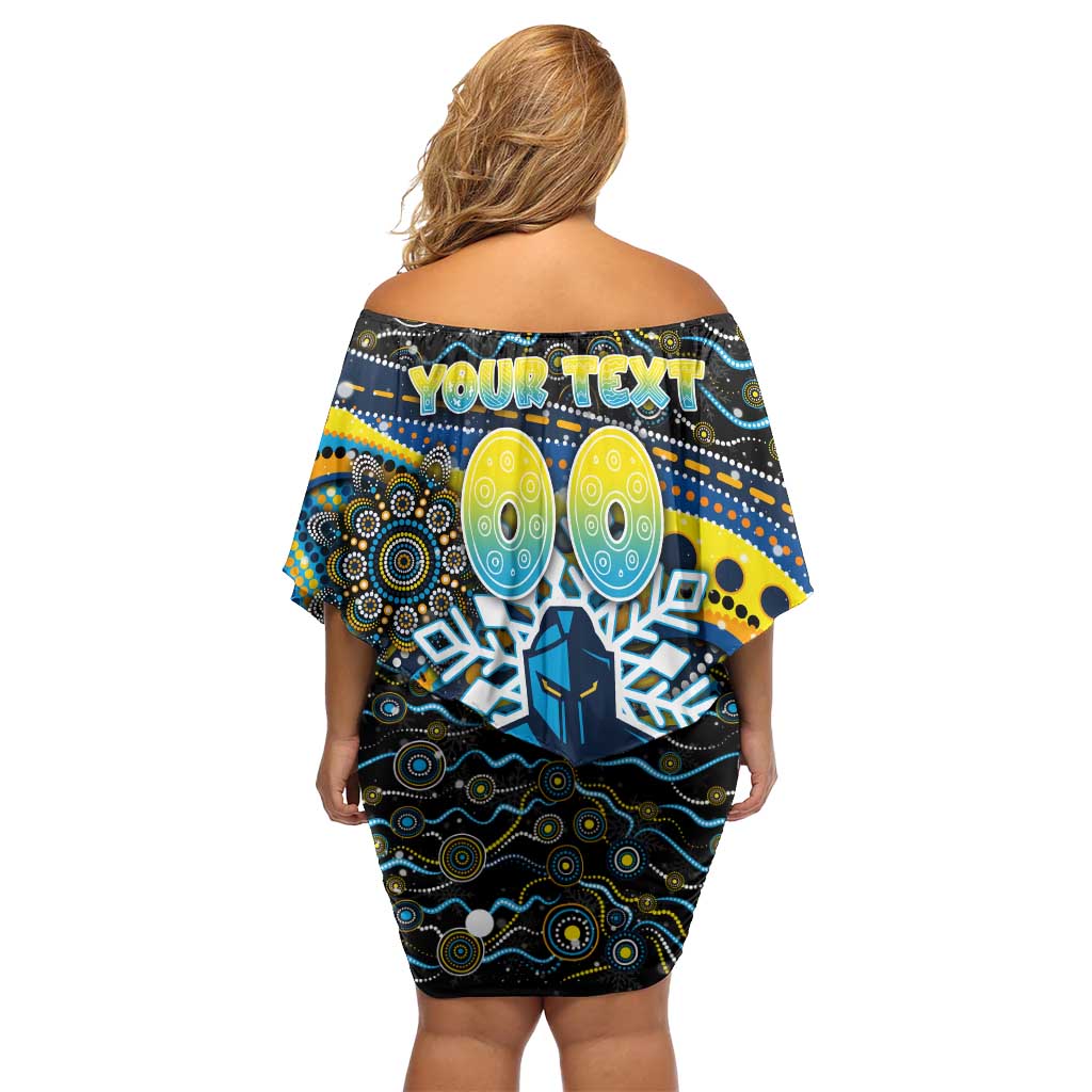 Merry Christmas Gold Coast Titans Family Matching Off Shoulder Short Dress and Hawaiian Shirt Aboriginal Santa Rugby Mascot - Light Blue