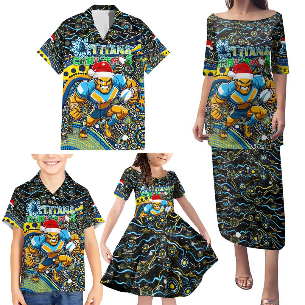 Merry Christmas Gold Coast Titans Family Matching Puletasi and Hawaiian Shirt Aboriginal Santa Rugby Mascot - Light Blue