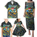 Merry Christmas Gold Coast Titans Family Matching Puletasi and Hawaiian Shirt Aboriginal Santa Rugby Mascot - Light Blue