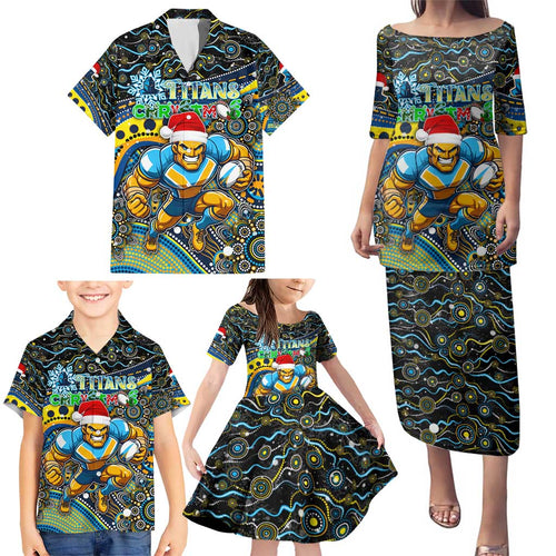 Merry Christmas Gold Coast Titans Family Matching Puletasi and Hawaiian Shirt Aboriginal Santa Rugby Mascot - Light Blue