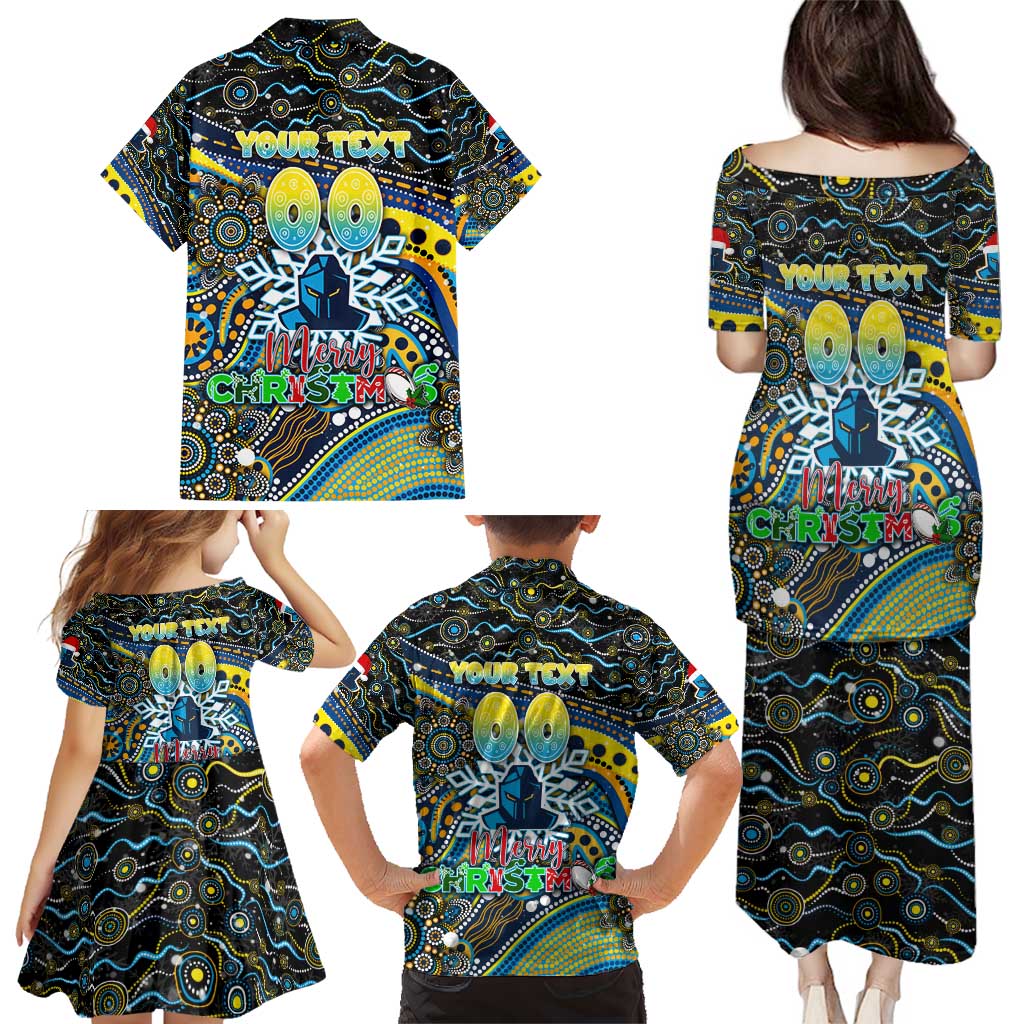 Merry Christmas Gold Coast Titans Family Matching Puletasi and Hawaiian Shirt Aboriginal Santa Rugby Mascot - Light Blue