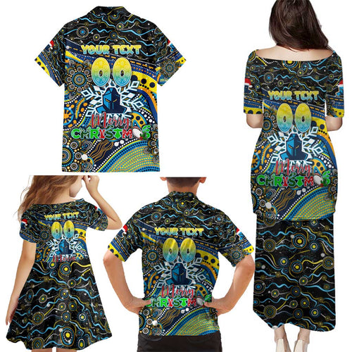 Merry Christmas Gold Coast Titans Family Matching Puletasi and Hawaiian Shirt Aboriginal Santa Rugby Mascot - Light Blue
