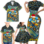 Merry Christmas Gold Coast Titans Family Matching Short Sleeve Bodycon Dress and Hawaiian Shirt Aboriginal Santa Rugby Mascot - Light Blue