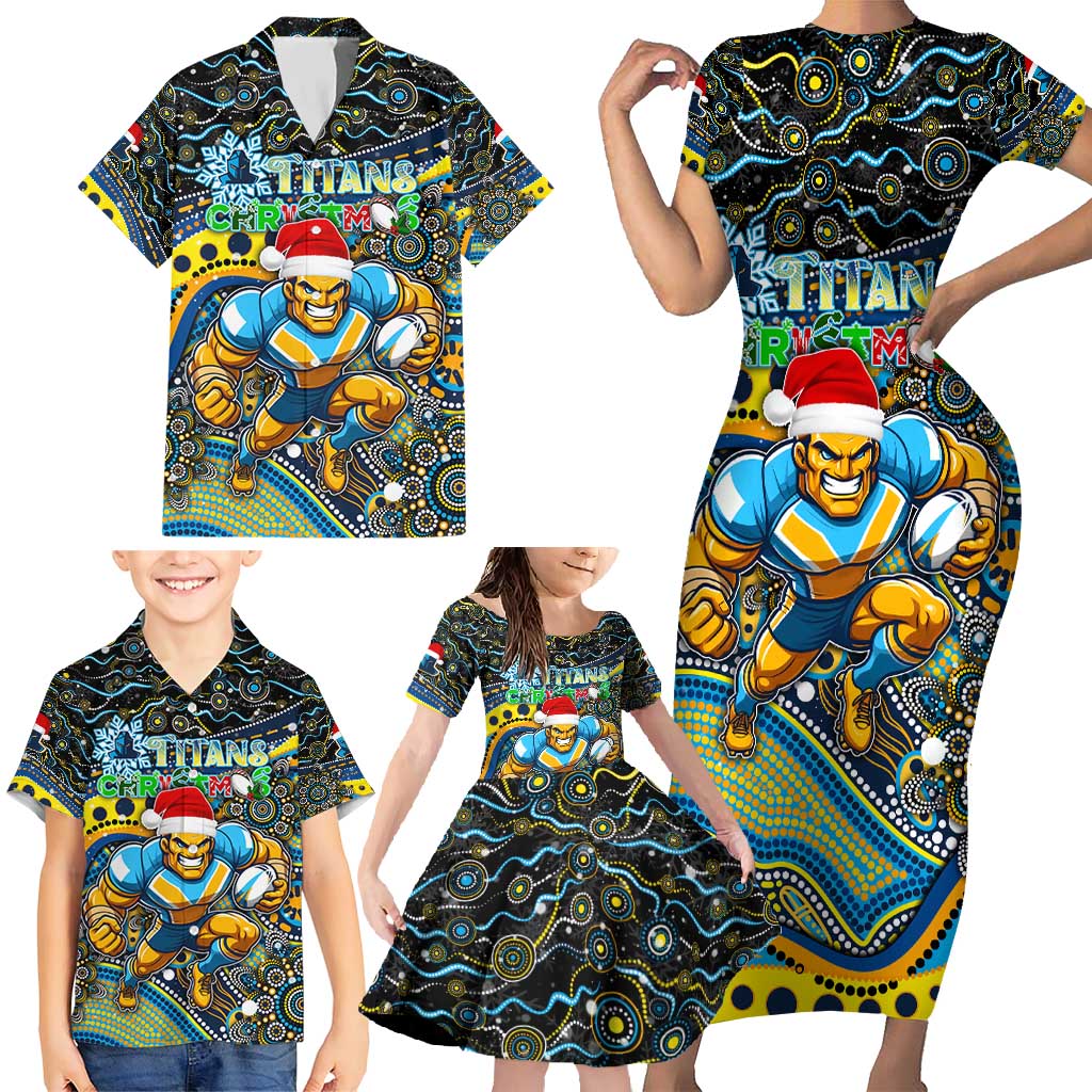 Merry Christmas Gold Coast Titans Family Matching Short Sleeve Bodycon Dress and Hawaiian Shirt Aboriginal Santa Rugby Mascot - Light Blue
