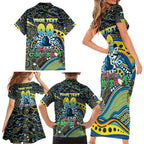 Merry Christmas Gold Coast Titans Family Matching Short Sleeve Bodycon Dress and Hawaiian Shirt Aboriginal Santa Rugby Mascot - Light Blue