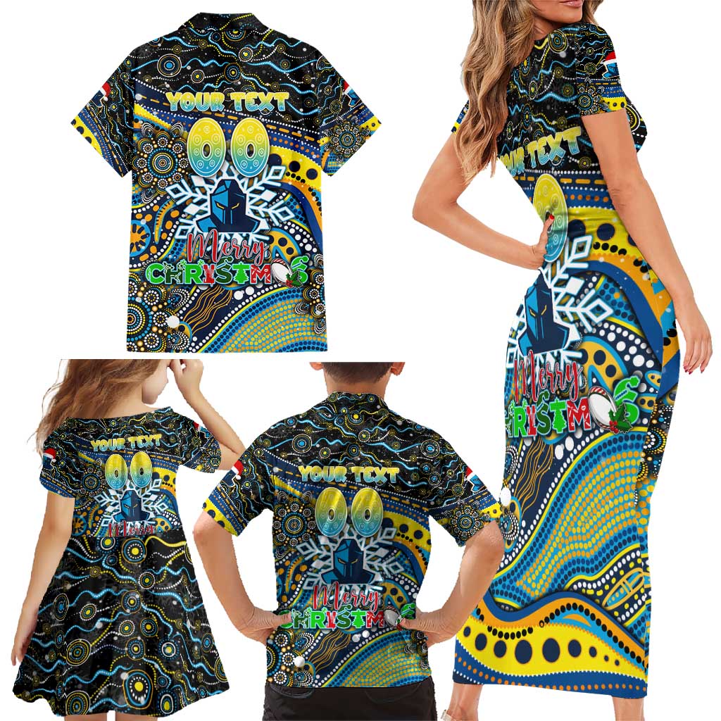Merry Christmas Gold Coast Titans Family Matching Short Sleeve Bodycon Dress and Hawaiian Shirt Aboriginal Santa Rugby Mascot - Light Blue