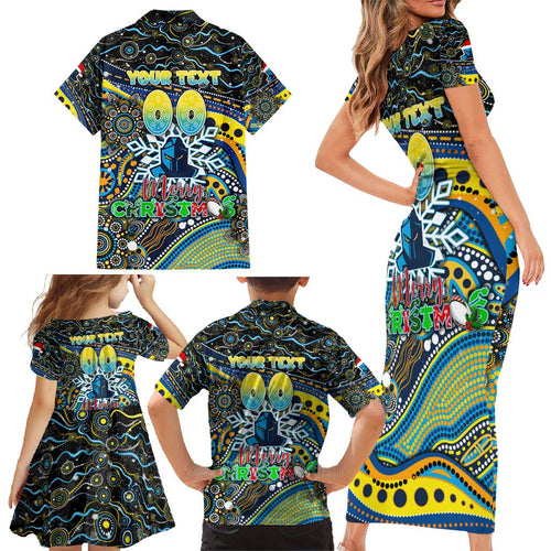 Merry Christmas Gold Coast Titans Family Matching Short Sleeve Bodycon Dress and Hawaiian Shirt Aboriginal Santa Rugby Mascot - Light Blue