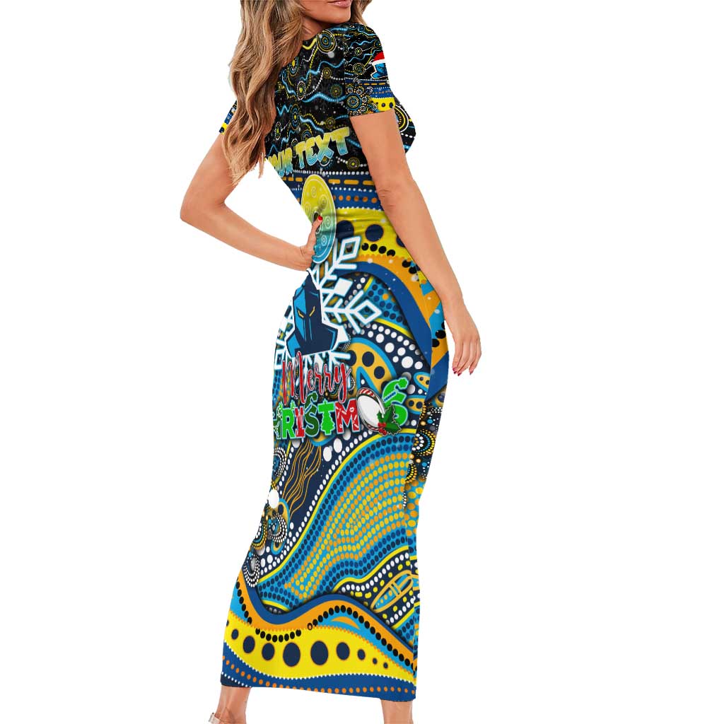 Merry Christmas Gold Coast Titans Family Matching Short Sleeve Bodycon Dress and Hawaiian Shirt Aboriginal Santa Rugby Mascot - Light Blue
