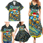 Merry Christmas Gold Coast Titans Family Matching Summer Maxi Dress and Hawaiian Shirt Aboriginal Santa Rugby Mascot - Light Blue