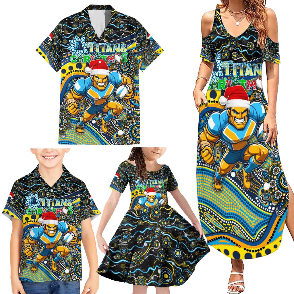 Merry Christmas Gold Coast Titans Family Matching Summer Maxi Dress and Hawaiian Shirt Aboriginal Santa Rugby Mascot - Light Blue