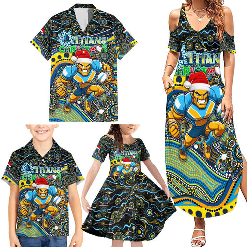 Merry Christmas Gold Coast Titans Family Matching Summer Maxi Dress and Hawaiian Shirt Aboriginal Santa Rugby Mascot - Light Blue