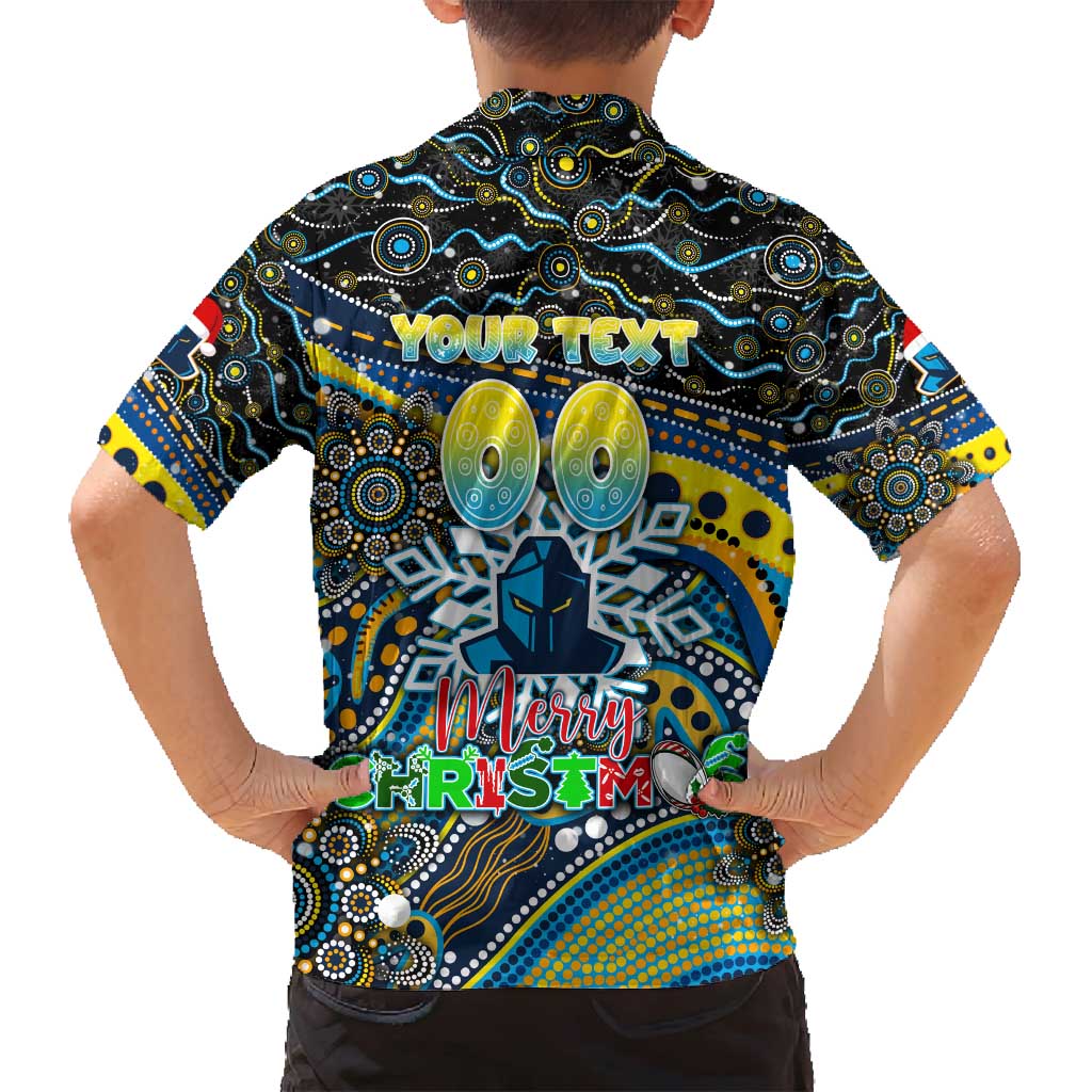 Merry Christmas Gold Coast Titans Family Matching Summer Maxi Dress and Hawaiian Shirt Aboriginal Santa Rugby Mascot - Light Blue