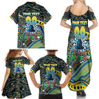 Merry Christmas Gold Coast Titans Family Matching Summer Maxi Dress and Hawaiian Shirt Aboriginal Santa Rugby Mascot - Light Blue