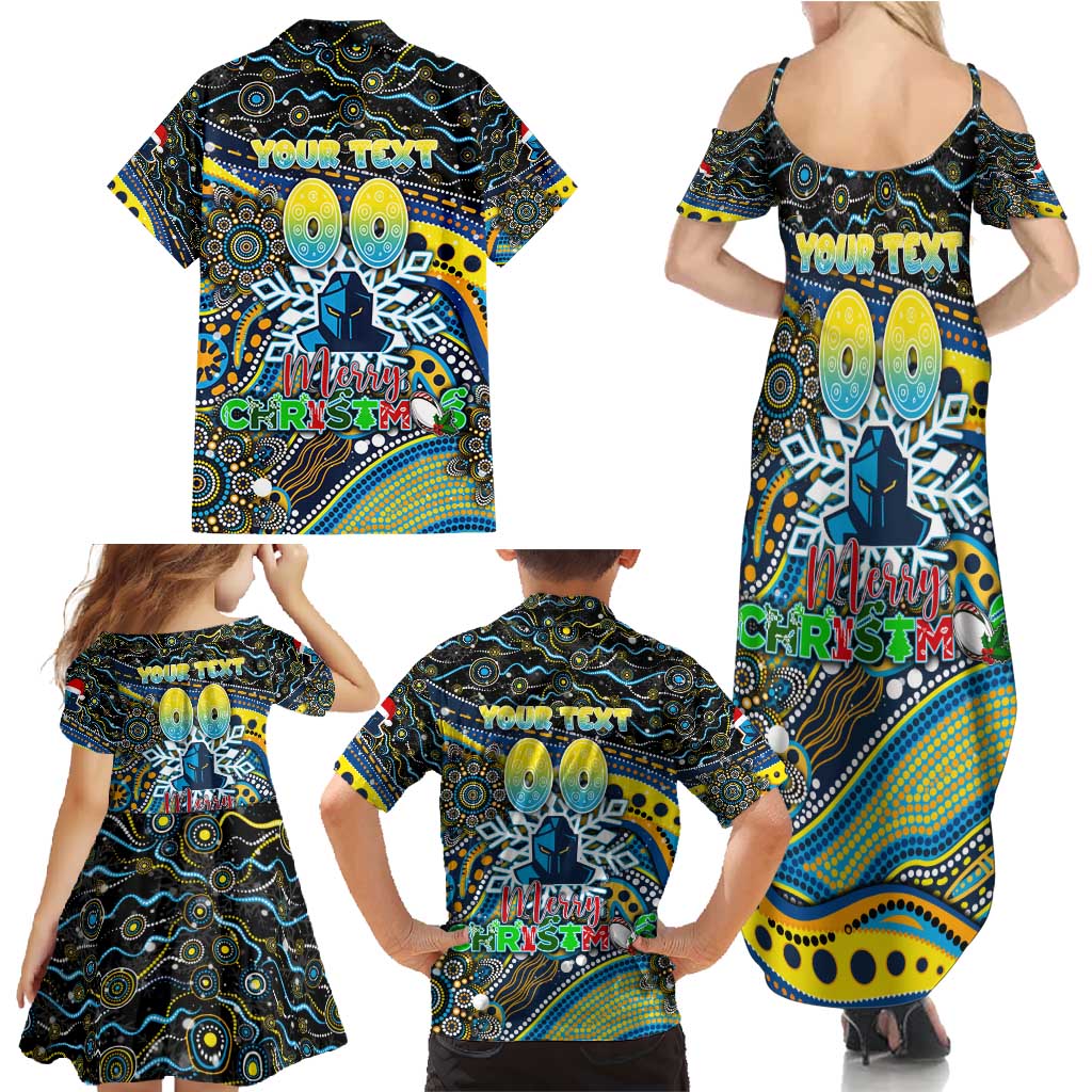 Merry Christmas Gold Coast Titans Family Matching Summer Maxi Dress and Hawaiian Shirt Aboriginal Santa Rugby Mascot - Light Blue